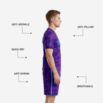 Close detail of custom soccer uniform kit chest showing Cyan team name and white front number on Royal Purple camo jersey
