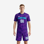 Custom soccer uniform kits for teams in Royal Purple camo with Cyan side panels, front view on male model