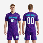 Matching Royal Purple camo shorts with Cyan outer-seam stripe, part of custom soccer uniform kit for teams