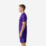 Custom soccer uniform kits for teams in Royal Purple camo with Cyan stripe on shorts seam, right side view