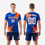 Custom soccer uniform kits for teams Royal Blue and Orange, back view showing back number and name placement