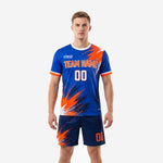 Custom soccer uniform kits for teams in Royal Blue and Orange splash-burst design, front view on adult male model