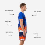 Custom soccer uniform kits Royal Blue Orange Navy Blue shorts close-up showing burst graphic and player number