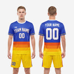 Custom soccer uniform kits Royal Blue and Yellow back view showing player name and number placement