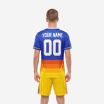 Custom soccer uniform kit chest detail showing Royal Blue sublimated jersey with team name and number print