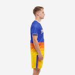 Custom soccer uniform kits Royal Blue and Yellow side view showing gradient stripe jersey and matching shorts
