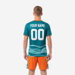 Full-dye sublimation teal wave print custom soccer uniform kit jersey detail with orange crew-neck trim