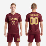 Full custom soccer uniform men maroon and Athletic Gold back view showing player name and back number placement