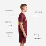 Maroon custom soccer shorts with Athletic Gold side stripe and player number on left leg panel