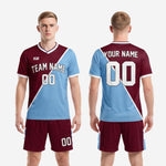 Full custom soccer uniform men maroon and powder blue kit back view showing player name and number print zones