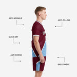 Maroon soccer shorts with powder blue diagonal thigh panel from custom soccer uniform men two-piece kit