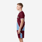 Men's custom soccer uniform maroon and powder blue right side view showing V-neck collar and sleeve cuff trim