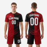 Full custom soccer uniform kit in dark red and jet black split colorblock design with matching sublimated shorts