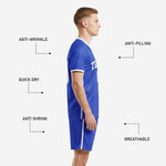 Custom soccer team uniform Royal Blue shorts with white side stripe and player number detail