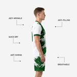 Custom soccer shorts detail in Forest Green and White brush-stroke splash print with elastic waistband and player number
