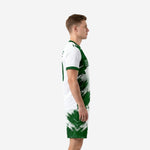 Custom soccer uniforms for teams package Forest Green and White, left side view showing sleeve trim and shorts design