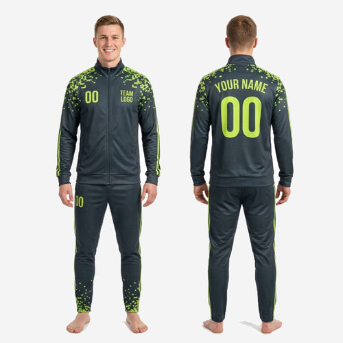 Custom soccer warm up suit tapered pants with elastic waistband, drawcord, and dual neon green stripe down full leg length