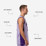 Back view of lavender and deep purple custom basketball jersey with player name above back number in deep purple block lettering