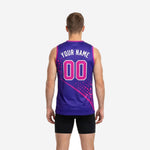 Custom sublimated basketball jersey in deep purple with halftone dot graphic, opposite side view showing clean hem and athletic cut