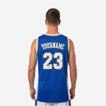 Back view of royal blue custom basketball jersey with back player name and number in white with gold outline trim