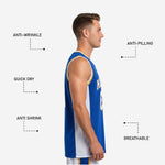 Close detail of gold accent trim stripe on crew neckline and armhole binding of royal blue sublimated basketball jersey