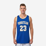 Custom sublimated basketball jerseys in royal blue with white mesh side panels, gold trim crew neck, arched team name and front number 23