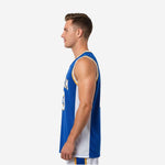 Opposite side view of blue and white sublimated basketball jersey showing sleeveless athletic cut and straight hem length