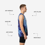 Back view of the navy lightning basketball jersey showing the back player name, back number, and full-body cyan lightning storm sublimation print