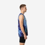 Front view of a navy custom sublimated basketball jersey with dramatic cyan and white lightning bolt graphic, white collegiate team name arced across the chest, and number 00