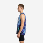 Side view of the navy custom sublimated basketball jersey showing the continuous lightning graphic across the side panel and carolina blue armhole binding
