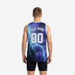Second side view of the lightning navy custom sublimated basketball jersey showing jersey length and straight hem at game-day tuck-in length