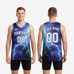 Size and spec sheet for the custom sublimated basketball jerseys in navy lightning design covering youth and adult sizing for full roster orders