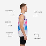 Back view of custom printed basketball jersey in white purple and pink watercolor pattern with player name and back number
