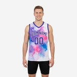Custom sublimated basketball jerseys in white and purple watercolor splash pattern showing front and back views with team name and numbers