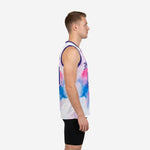 Men's custom sublimated basketball jersey in purple watercolor design with arced team name across chest and front number 00