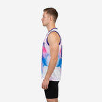 Side view of white and purple custom sublimated basketball jersey showing V-neck collar binding and straight hem with side vents