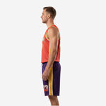 Custom sublimated basketball uniform side view, orange jersey with royal purple shorts