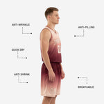 Back view of sublimated basketball uniforms showing back number placement on maroon to blush fade jersey and matching shorts
