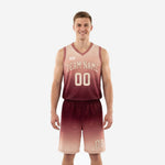 Custom sublimated basketball uniforms in maroon to blush fade gradient showing front and back of full jersey and shorts set