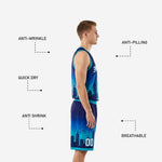Back view of custom sublimated basketball uniforms in navy and teal showing player name and number placement with city skyline graphic on shorts