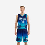 Custom sublimated basketball uniforms in navy and teal with city skyline gradient design, team name and number 00 on chest, full set front view