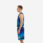 Left side view of navy and teal sublimated basketball uniform set showing skyline graphic on lower jersey and shorts leg with teal waistband binding