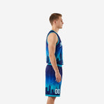 Side view of custom sublimated basketball uniforms showing navy-to-teal gradient jersey and matching shorts with teal armhole binding and hem trim