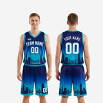 Size and specification chart for custom sublimated basketball uniforms in navy and teal, youth and adult sizing available for full roster orders