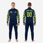 Full custom camo soccer tracksuit set in navy blue and neon green, jacket and pants, made to order for soccer squads