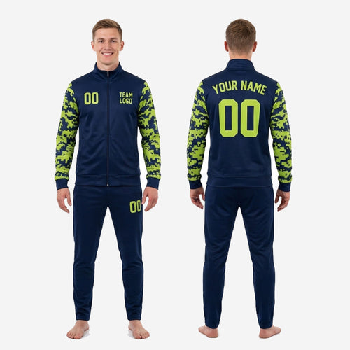 Full custom camo soccer tracksuit set in navy blue and neon green, jacket and pants, made to order for soccer squads