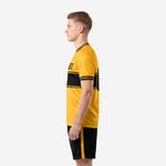 Custom sublimated athletic gold and black soccer uniform set with full personalization