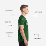 Close detail of the V-neck collar and sleeve cuff trim on a Forest Green men custom soccer jersey with white and silver contrast ribbing