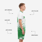 Custom Kelly Green soccer shorts detail showing pixel scatter design on leg and elastic waistband with drawcord