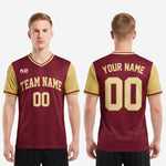 Full body view of custom sublimated red and gold soccer jersey showing pinstripe pattern and athletic cut fit